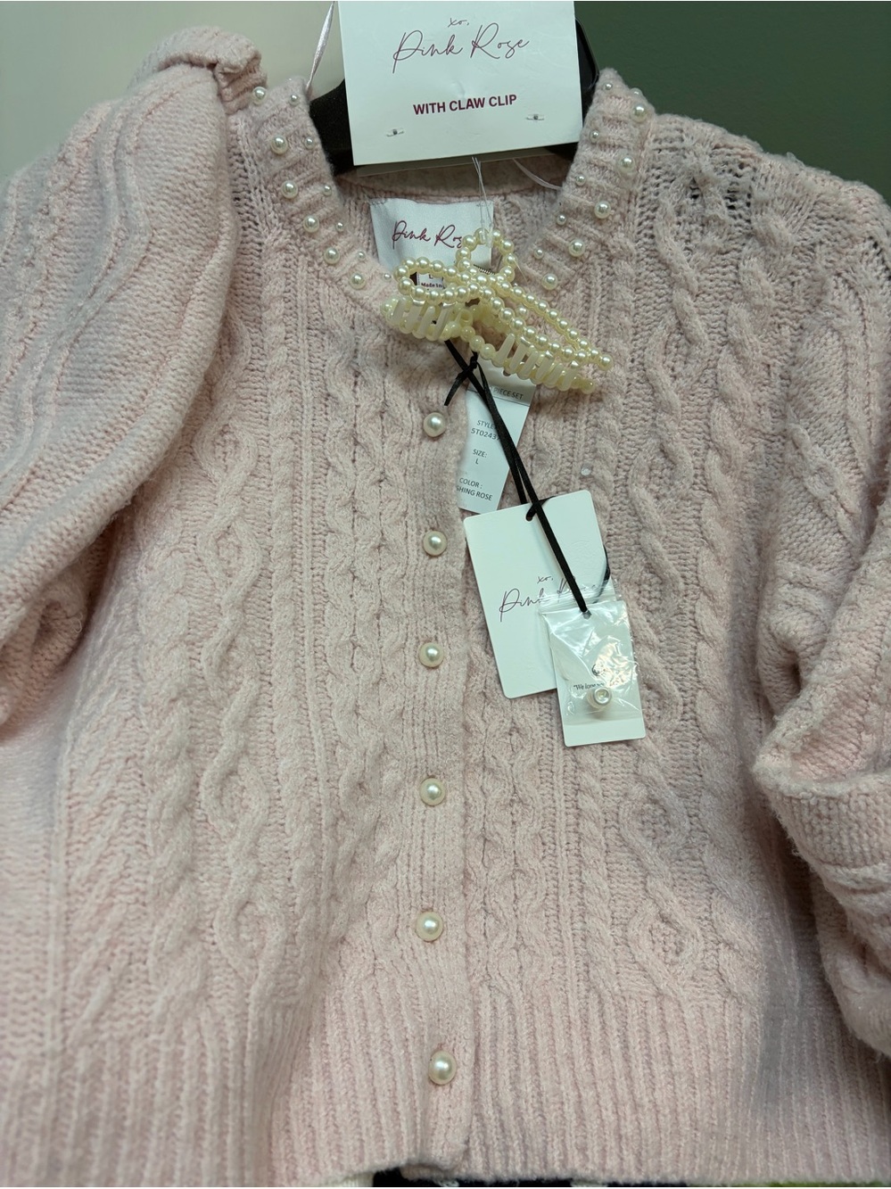 Pink Rose Pearl-Button Cable Knit Sweater - Pink